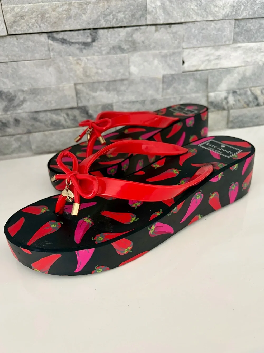kate spade Black Platform Flip Flop Sandals with Red and Pink Pepper Print - Picture 3 of 10